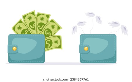 Cartera llena y vacía de dinero concepto de economía de bolsillo abierto. Ilustración de diseño gráfico plano vectorial
