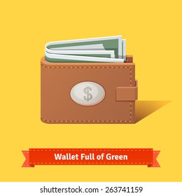 Wallet full of green dollars. Flat style vector illustration.