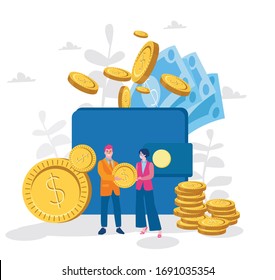 Wallet full of money, budget profit, financial fund growth, Vector illustration for web banner, infographics, mobile. revenue increase, high interest rate, income growth, raise capital, 