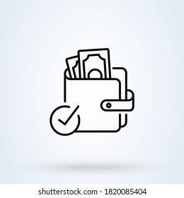 Wallet full of money and check mark sign line icon or logo. Wallet with dollars concept. Online payment vector linear illustration.