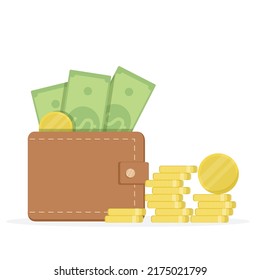 Wallet full of money and with coins lying nearby. Vector illustration in flat style