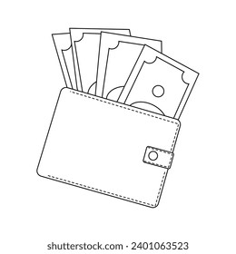 The wallet is full of money outline vector illustration. Finance icon on white background.
