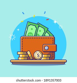 Wallet Full of Money and Penny on Blue Background. Financial or Business Icon Concept for Transaction, Trade, Investment, and Economy. Flat Cartoon Vector Illustration Isolated.