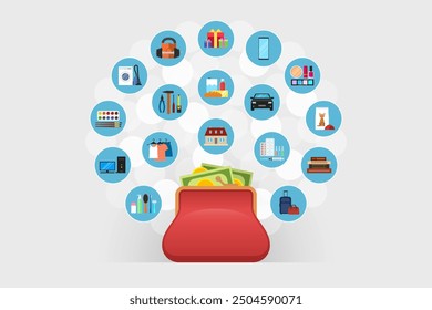Wallet full of money and potential purchases around it. Concept of money saving and spending for purchase of goods and payment for services, using of family budget, reasonable income distribution