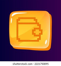 Wallet glossy ui button with pixelated icon. Online saving account. Editable 8bit graphic element on shiny square shape. Isolated vector user interface image for web, mobile. Retro style game design