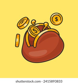 Ilustración del icono del vector de monedas de oro y de cartera. 
Concepto de icono comercial de finanzas Vector Premium aislado. Plano 
Estilo de dibujos animados