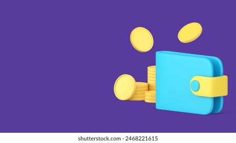 Wallet with golden coin cash money shopping financial banking payment 3d icon realistic vector illustration. Finance economy independence richness profit wealth salary earnings currency abundance