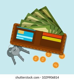 Wallet with green dollars and plastic cards, golden coins and bunch of keys from door or safe. Money icon. American currency. Earnings or salary. Financial wealth. Flat vector