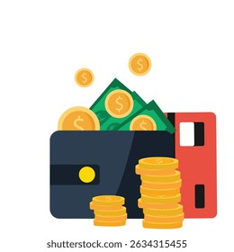 Wallet with green paper money with a credit card and gold coin. banknote and bank card flat design, Online payment concept. vector illustration...