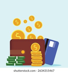 Wallet with green paper money with a credit card and gold coin. banknote and bank card flat design, Online payment concept. vector illustration...
