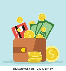 Wallet with green paper money with a credit card and gold coin. banknote and bank card flat design, Online payment concept. vector illustration...