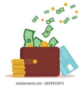 Wallet with green paper money with a credit card and gold coin. banknote and bank card flat design, Online payment concept. vector illustration...