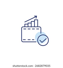 Carteira, crescimento de estatísticas e marca de verificação. Transações, economias e investimentos seguros aprovados. Pagamentos e finanças. Pixel perfeito, ícone de vetor de traçado editável