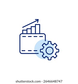 Wallet, growing statistics and cogwheel. Payment settings, wallet management, card configuration, financial control, secure transaction setup. Pixel perfect, editable stroke vector icon