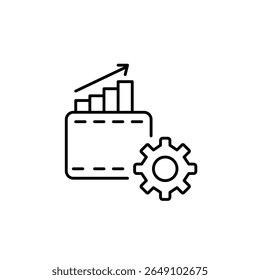 Wallet, growing statistics and cogwheel. Payment settings, wallet management, card configuration, financial control, secure transaction setup. Pixel perfect, editable stroke vector icon