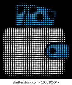 Wallet halftone vector icon. Illustration style is dotted iconic wallet symbol on a black background. Halftone structure is created with circle cells.