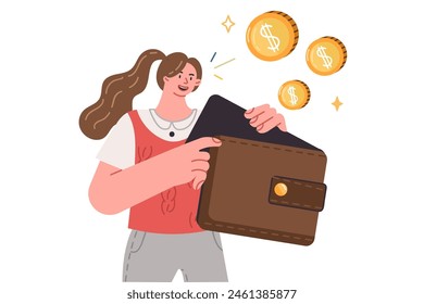 Wallet in hand woman considering own budget for financial planning and accounting for expenses and income. Girl saving money in account to create financial cushion to help cope with economic crisis