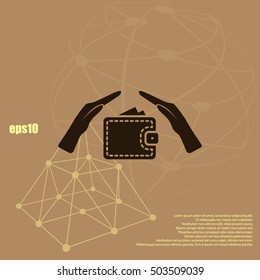 Wallet and hands web icon. Flat design style stock vector illustration