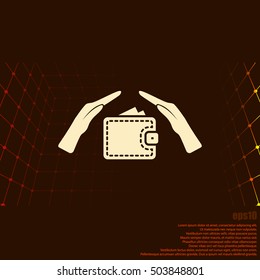 Wallet and hands web icon. Flat design style stock vector illustration
