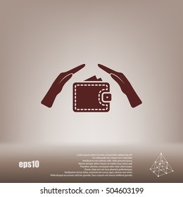 Wallet and hands web icon. Flat design style stock vector illustration