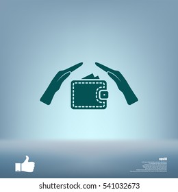 Wallet and hands web icon. Flat design style stock vector illustration