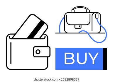 Wallet holding a card, briefcase, and a Buy button communicate online shopping and financial transactions. Ideal for e-commerce, retail, online payments, shopping apps, finance, digital wallets