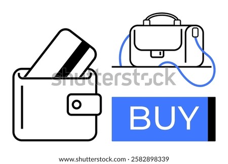 Wallet holding a card, briefcase, and a Buy button communicate online shopping and financial transactions. Ideal for e-commerce, retail, online payments, shopping apps, finance, digital wallets