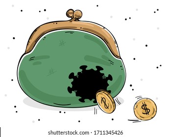 A wallet with a hole in the shape of a coronavirus. Coins fall out of the hole. Depicts financial loss from a pandemic. Color image on a white background.