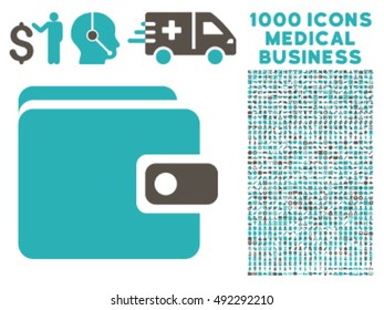 Wallet icon with 1000 medical business grey and cyan vector pictographs. Design style is flat bicolor symbols, white background.