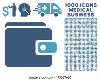 Wallet icon with 1000 medical business cyan and blue vector design elements. Design style is flat bicolor symbols, white background.