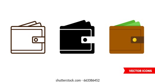 Wallet icon of 3 types: color, black and white, outline. Isolated vector sign symbol.