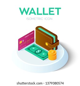 Wallet Icon. 3D Isometric Wallet icon with credit card and money. Dollar. Bank card. Payment concept. Created For Mobile, Web design, Decor, Application. Vector Illustration.