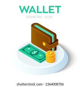 Wallet Icon. 3D Isometric Wallet icon with money. Dollar. Payment concept. Created For Mobile, Web, Decor, Application. Perfect for web design, banner and presentation. Vector Illustration.