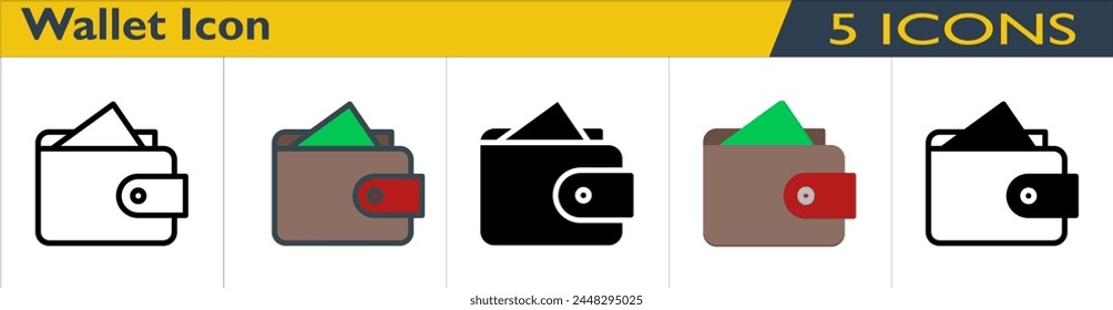 Wallet icon with 5 styles (outline, color lineal, solid, color and mixed)