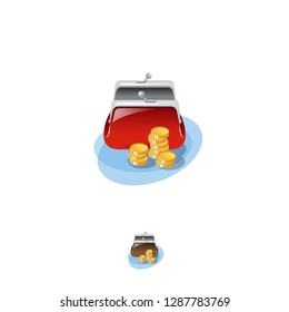 Wallet icon. Banking web icon. A bright purse is open and gold coins near it. Symbol of payments, savings.