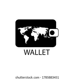Wallet icon with a banknote and flat globe. Image for business web site and internet. Symbol of jewels and map of Earth.