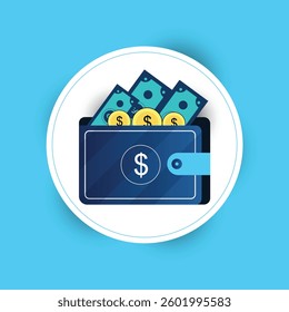 Wallet icon. blue wallet with blue paper money. Wallet with money dollar bank note