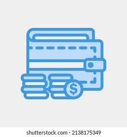 Icono de cartera en azul sobre moneda, uso para presentación de aplicación móvil del sitio web