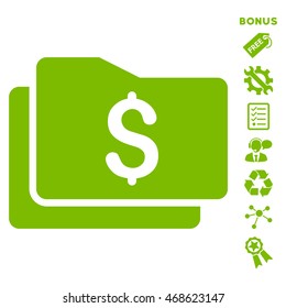 Wallet icon with bonus pictograms. Vector illustration style is flat iconic symbols, eco green color, white background, rounded angles.