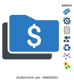 Wallet icon with bonus pictograms. Vector illustration style is flat iconic bicolor symbols, smooth blue colors, white background, rounded angles.