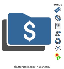 Wallet icon with bonus pictograms. Vector illustration style is flat iconic bicolor symbols, cobalt and gray colors, white background, rounded angles.