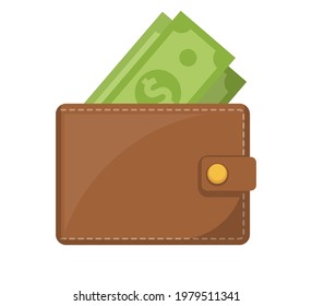 Icono de cartera. Billetera marrón con dinero de papel verde. Cartera con billete en dólares. Ilustración vectorial. Eps 10.