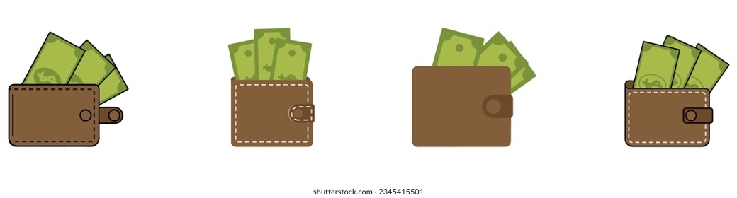 Wallet icon. Brown wallet with green paper money. Wallet with money dollar bank note.EPS 10