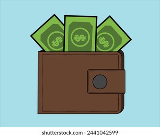Wallet icon. Brown wallet with green paper money. Wallet with money dollar bank note. Vector illustration.