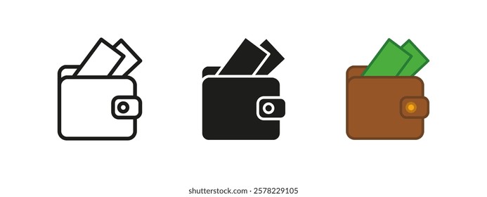 Wallet icon. Cash money vector illustration. Billfold with paper bill symbol. Pocket purse sign. Savings and economic financial pictogram. Wallet concept isolated outline, black, line and colored.