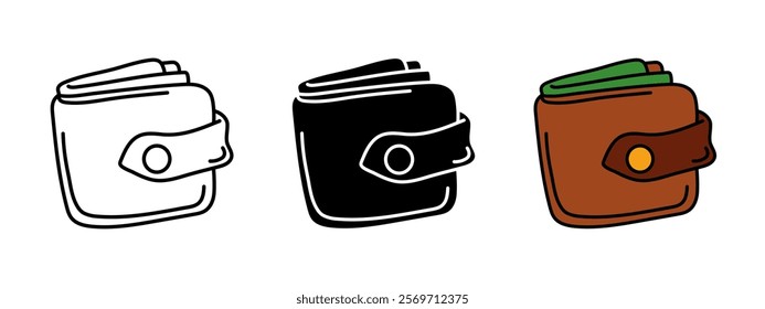 Wallet icon. Cash purse vector illustration. Pocket billfold with dollar bills symbol. Budget account sign. Earnings and income pictogram. Brown leather wallet isolated concept.