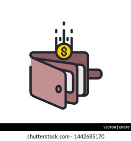 Wallet icon with coin inserted in Flat style.  Vector illustration. EPS 10
