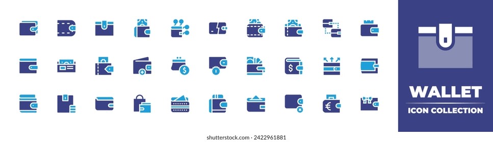 Wallet icon collection. Duotone color. Vector and transparent illustration. Containing wallet, digital wallet, no money, cash, exchange, top up, expenses, shopping bag, euro.