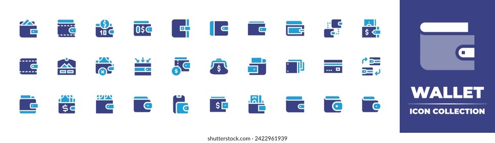 Wallet icon collection. Duotone color. Vector and transparent illustration. Containing digital wallet, wallet, money, payment, no money, trading, purse, banknote, income, credit card, exchange.