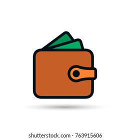 Wallet icon, color symbol with money in flat style isolated on white background. Vector.